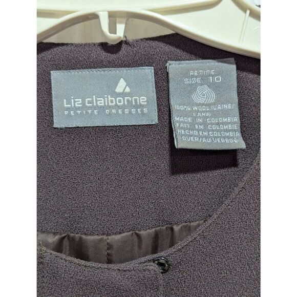 Liz Claiborne Women's Brown Solid Long-Sleeve Gold Trim Wool Dress Size 10P - Picture 2 of 7